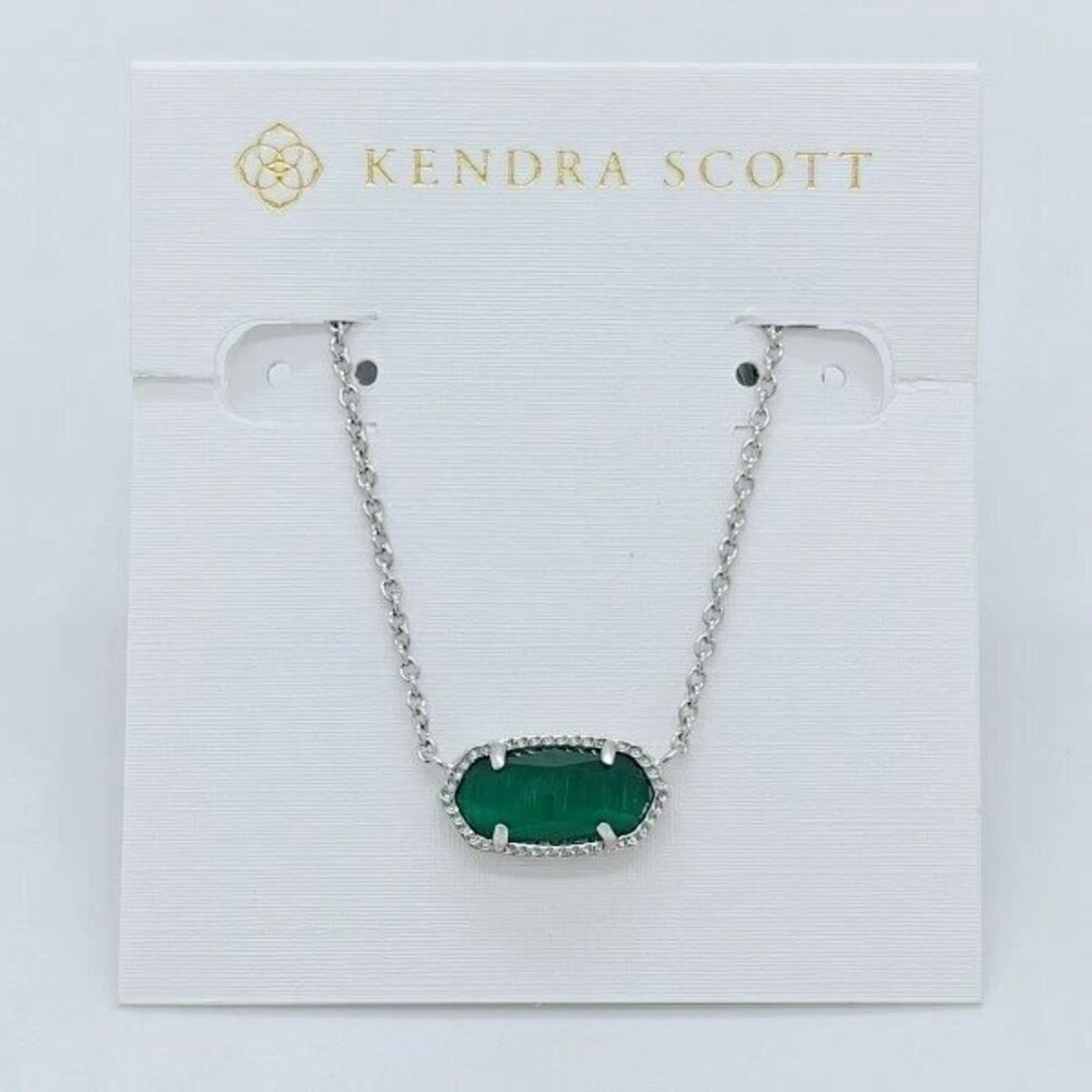Kendra Scott Elisa Pendant Silver Necklace in Green Cat's Eye Stone